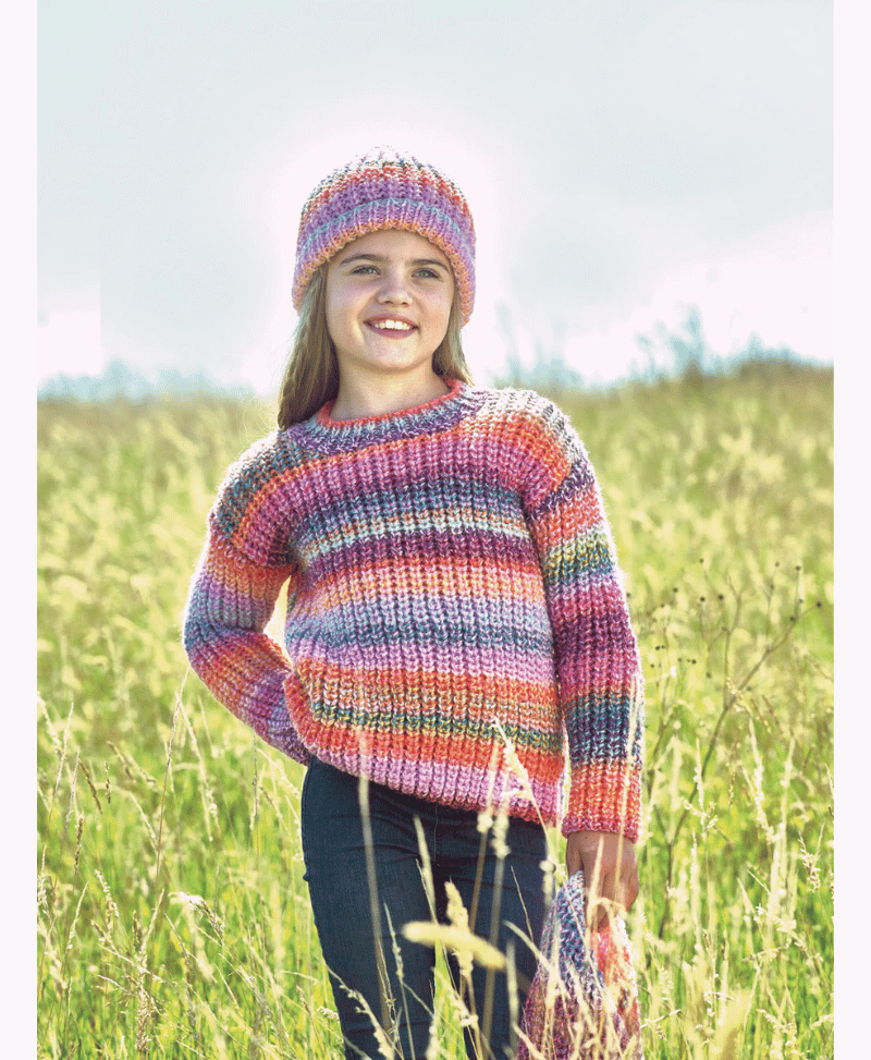 James C Brett JB800 Girls Sweater & Hat in Marble Chunky