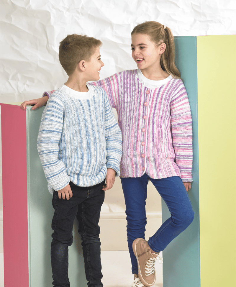 James C Brett JB822 Sweater and Cardigan in Partytime Stripes DK