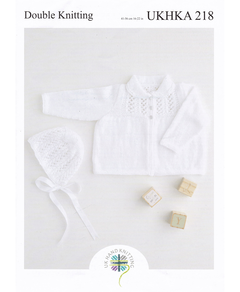 UKHKA 218 UK Hand Knit Assoc. Double Knitting Matinee Jacket and Bonnet