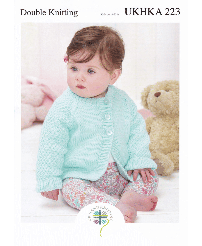 UKHKA 223 UK Hand Knit Assoc. Double Knitting Cardigans, Hat & Bootees