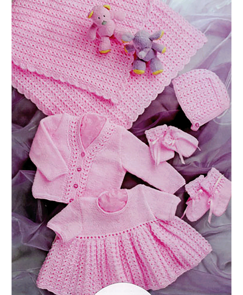 UKHKA 36 UK Hand Knit Assoc. Double Knit Dress, Cardigan, Shawl, Hat, Mittens and Booties