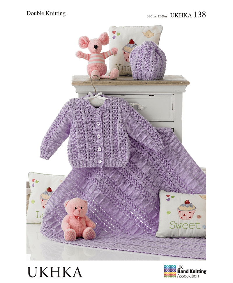 UKHKA 138 UK Hand Knit Assoc. Double Knitting Cardigan, Hat and Blanket