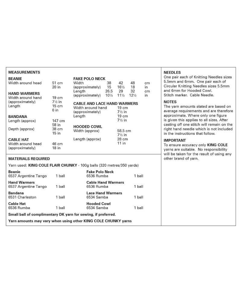 King Cole 6387 Accessories in Flair Chunky
