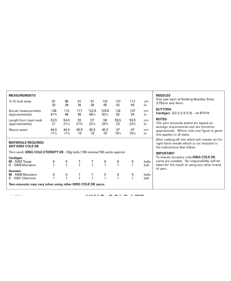 King Cole Eternity DK 6454 Cardigan Pattern & Yarn Pack