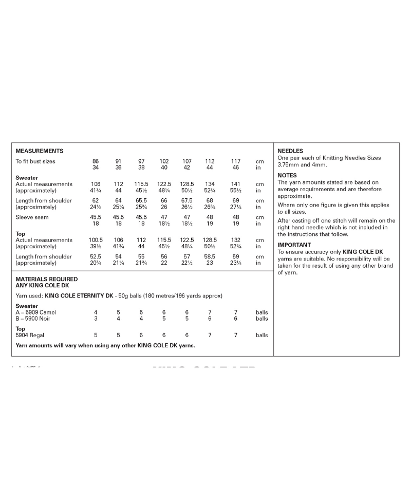 Measurement chart for knitting with text and tables on a white background