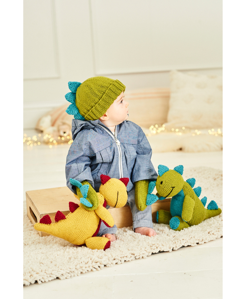 Stylecraft 9853 Dinosaur Toy with matching Hat & Mittens in Bambino DK